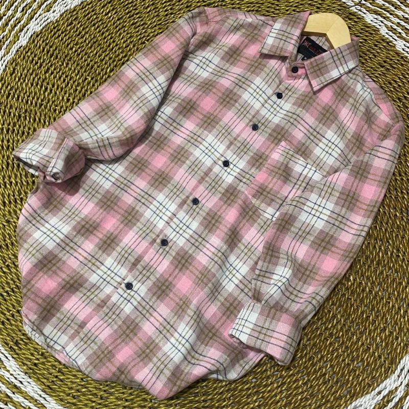 kemeja flanel lengan panjang remaja bestseller-Pink white