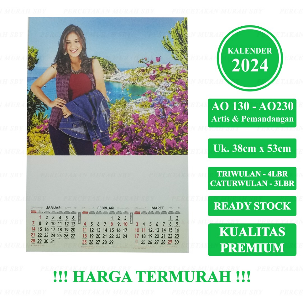 KALENDER DINDING TRIWULAN TAHUN 2024 MOTIF ARTIS PERHIASAN UK. 38 X 54CM CUSTOME NAMA TOKO 1 WARNA