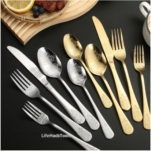 Sendok Garpu Makan Stainless Steel Ukir/Motif Tebal Sendok Korea Multi Warna Colorful