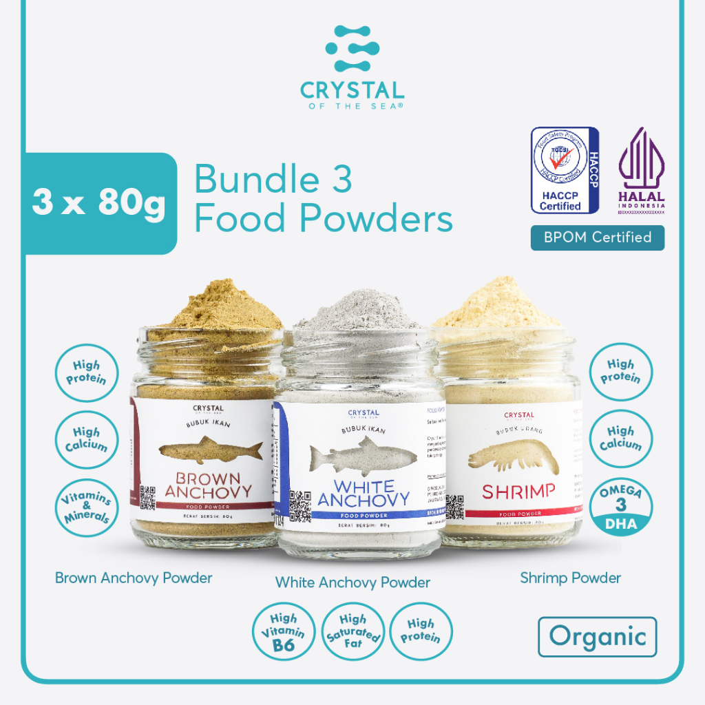 

Crystal of the Sea | Bundle 3 Food Powder (80GR) | Bubuk Ikan Teri Nasi | Bubuk Udang Rebon | Bubuk Teri Jengki - Tabur / Penyedap Kaldu MPASI NON MSG PAKET HEMAT