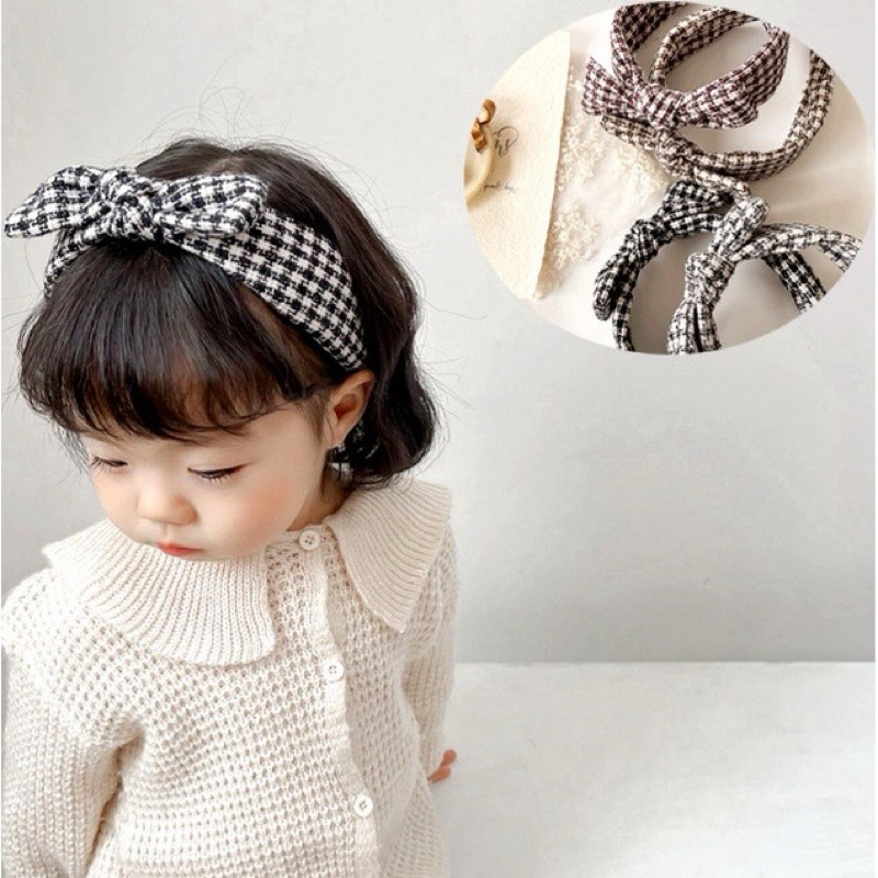 Bando Korea Anak Polos Lebar Motif Pita Kotak Hitam Putih Navya