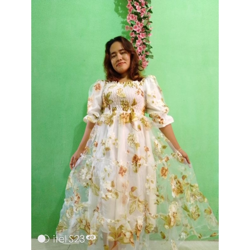 dress viral bahan organza premium motif bunga coklat