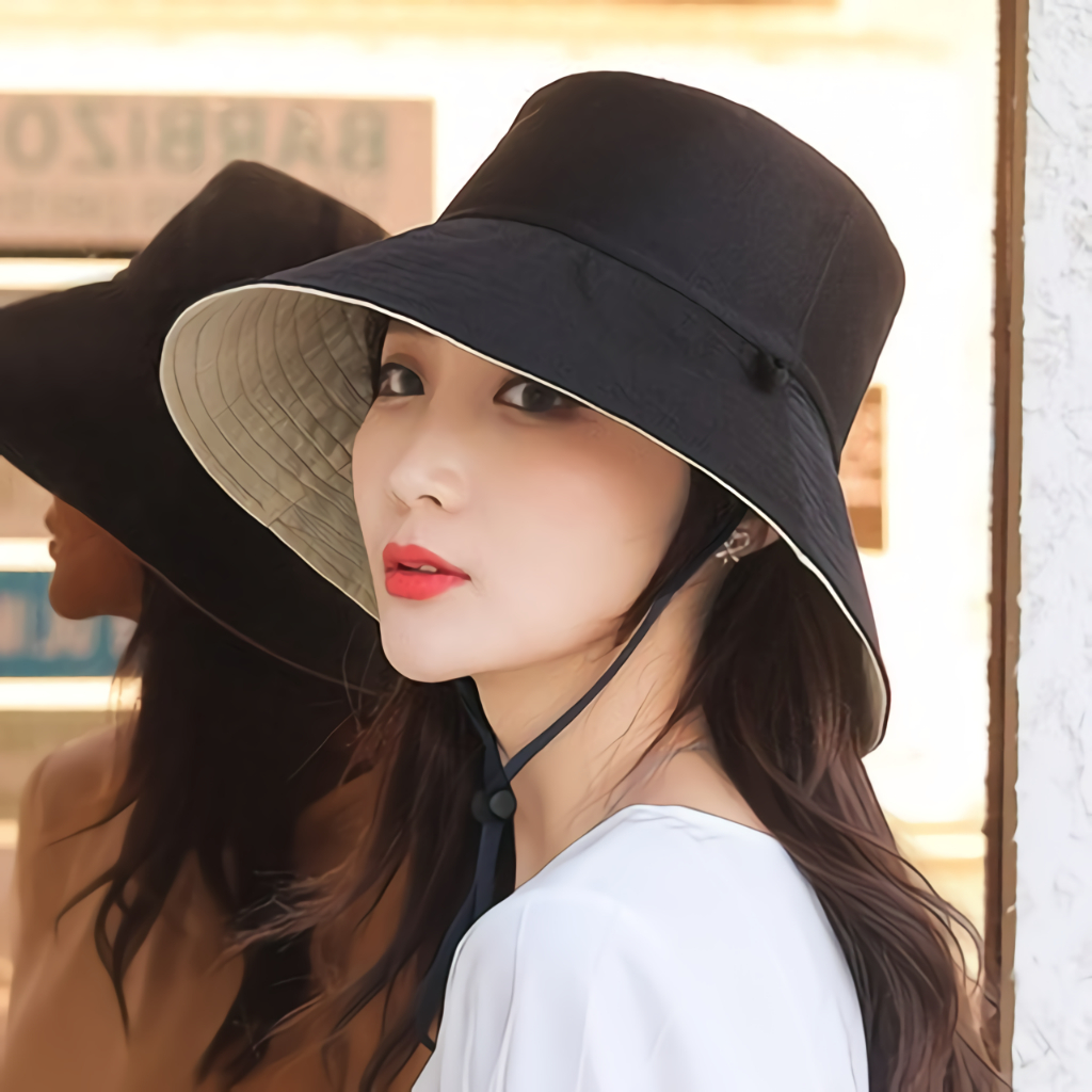 Topi Wide Bucket Wanita Bolak Balik Dua Warna Tali Pengait Topi Bucket Pantai Korean Style Trendy