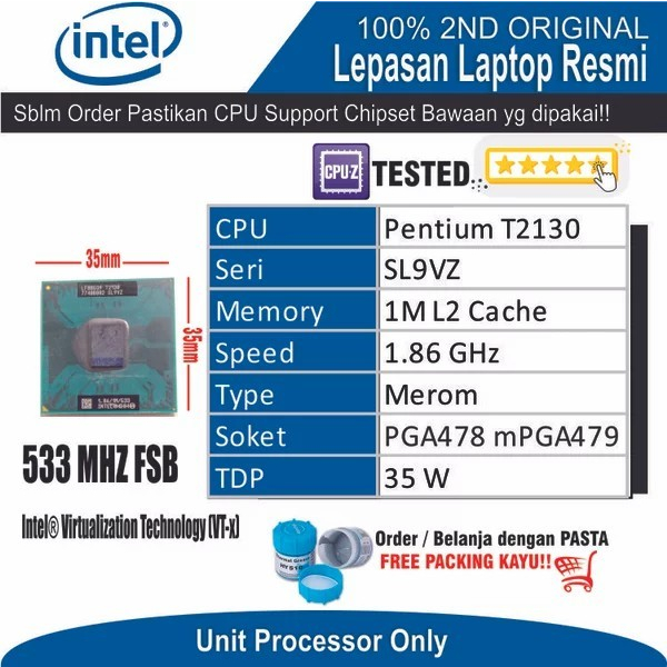 ET31 CPU-PNT-20 Processor Pentium T2130 Cache 1M 1.86 GHz CPU SL9VZ