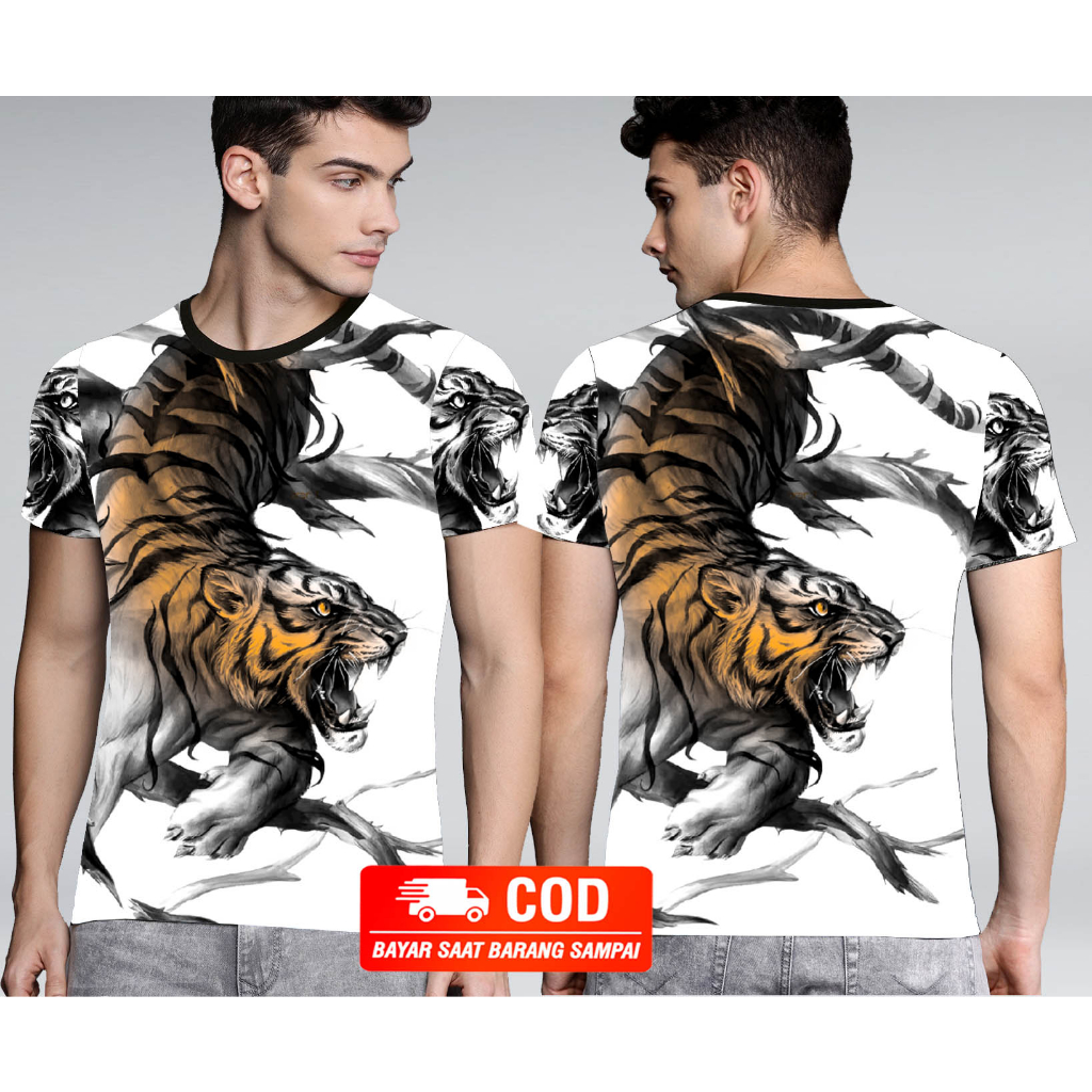 Kaos Distro Cowok Motif Macan Depan Belakang ada Sablon Untuk Pria Dewasa