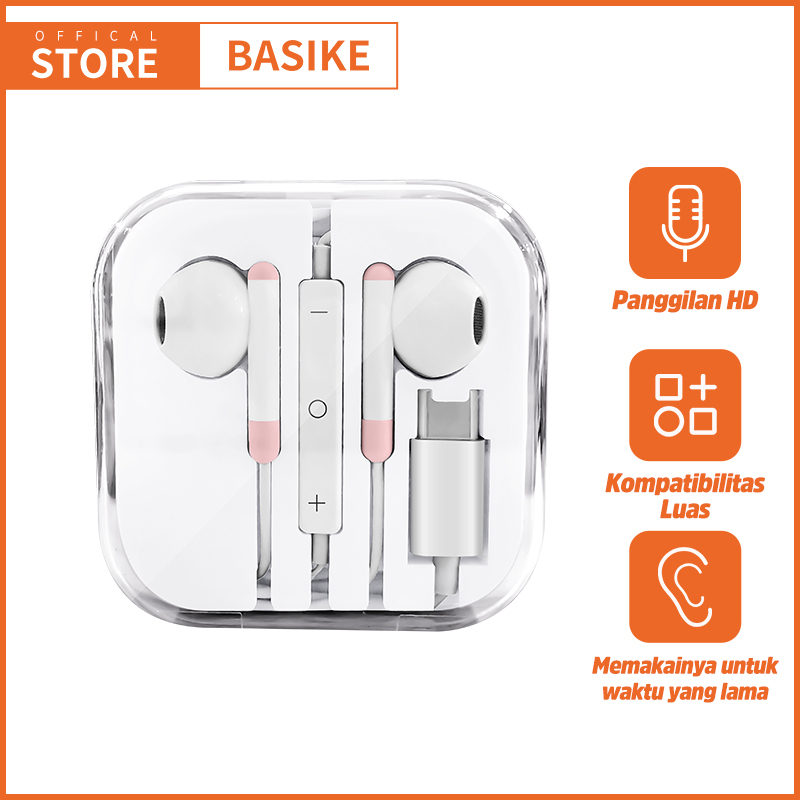 (HOT)BASIKE Headset Kabel Gaming Type C Music in Ear Earphone Warna-warni for Xiaomi Samsung Oppo