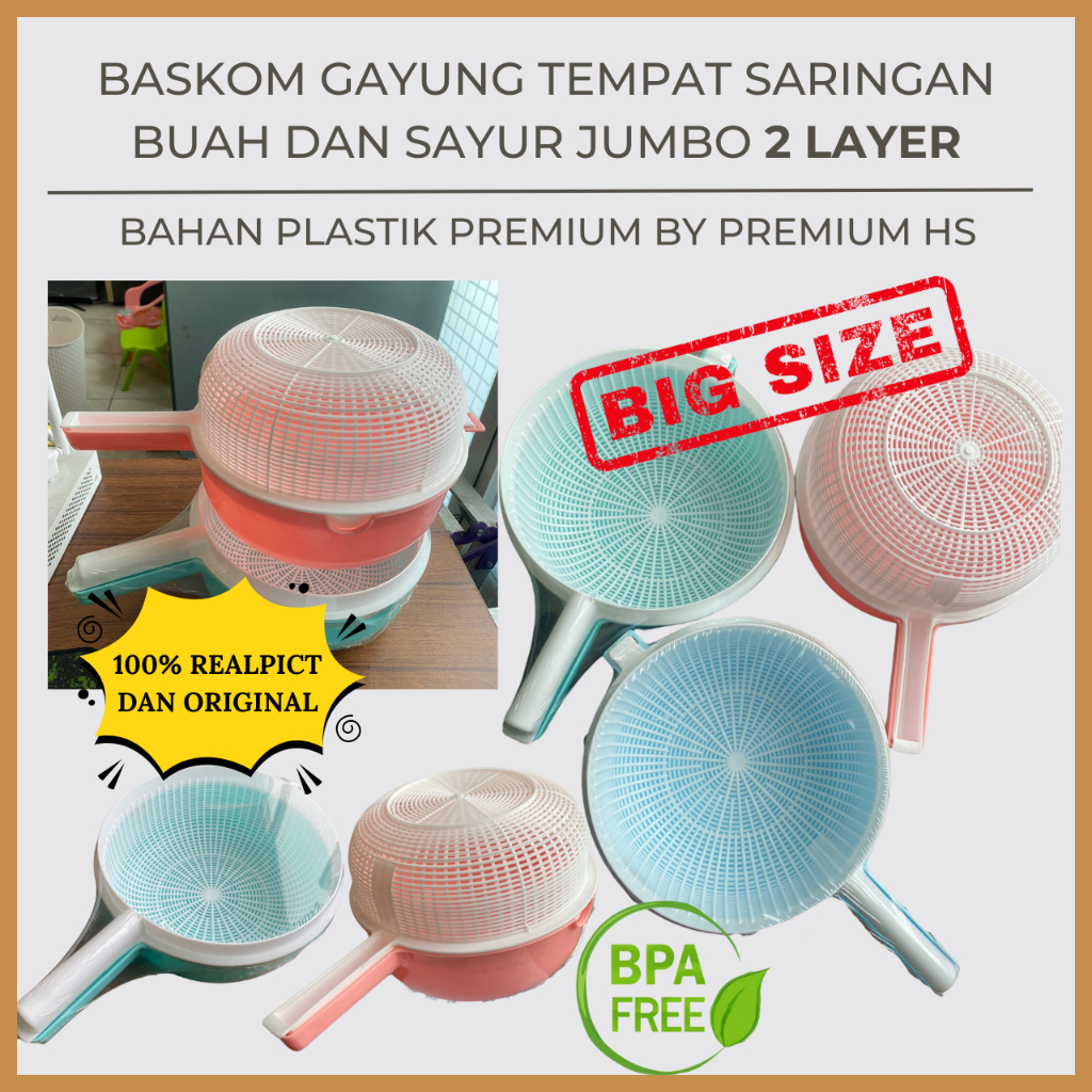 BASKOM SARINGAN PLASTIK BESAR PENCUCI BUAH DAN SAYUR 2 LAYER MERK ZELIG I SARINGAN CUCI SAYUR I SARI