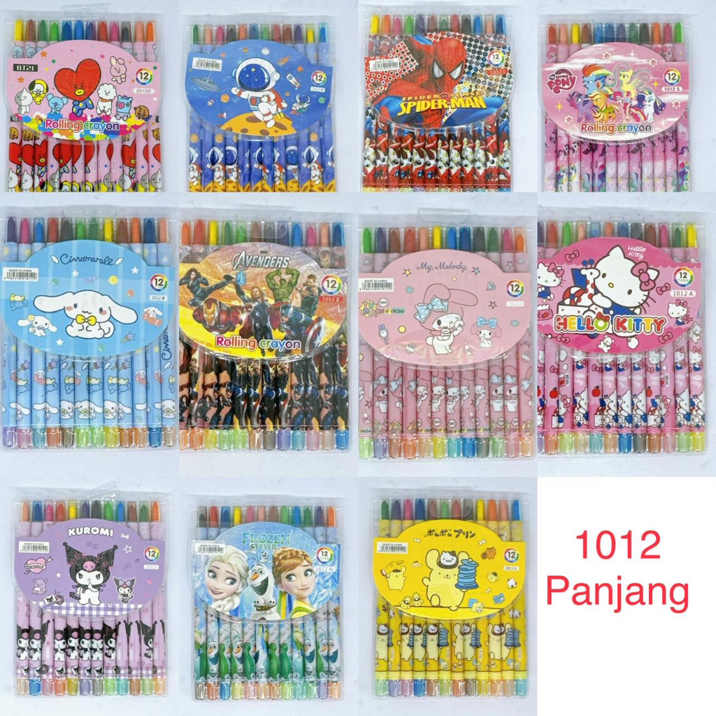 

CRAYON PUTAR/ COLORING 12 WARNA PANJANG PONY/ TSUM/ FROZEN/ AVENGERS/ HELLOKITTY/ PRINCESS/ TAYO