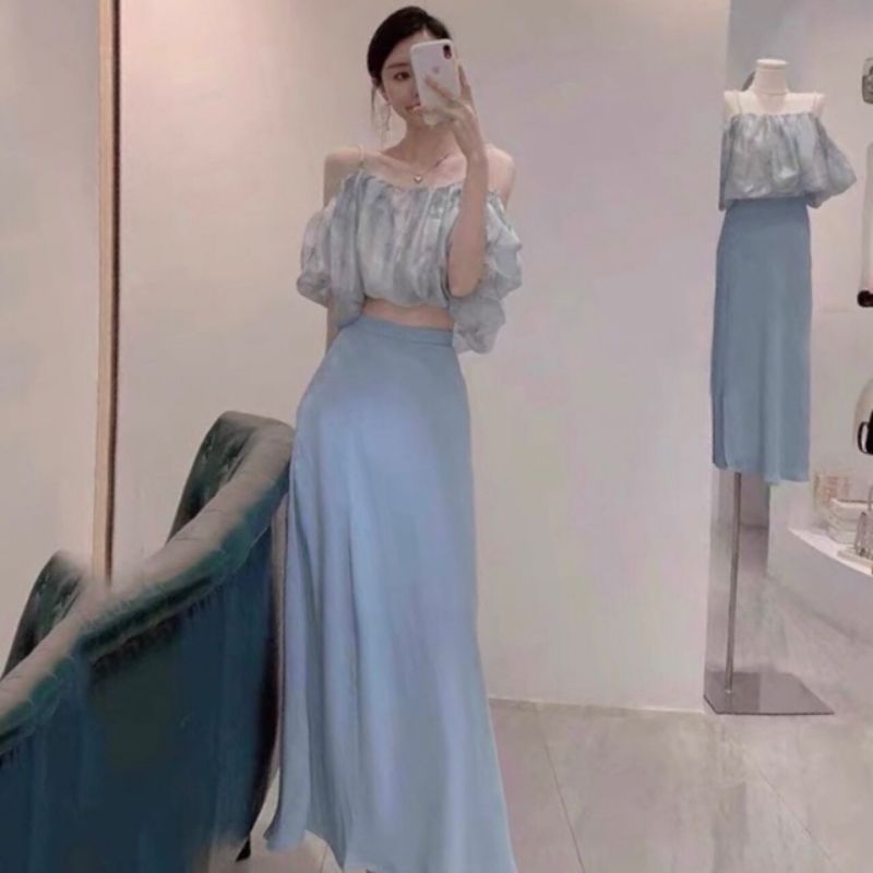 QUEEN SAKURA - Q7122SET - PEARL SET CROP TOP & SLIT SKIRT IMPORT - SETELAN ROK DAN CROP TOP CASUAL K