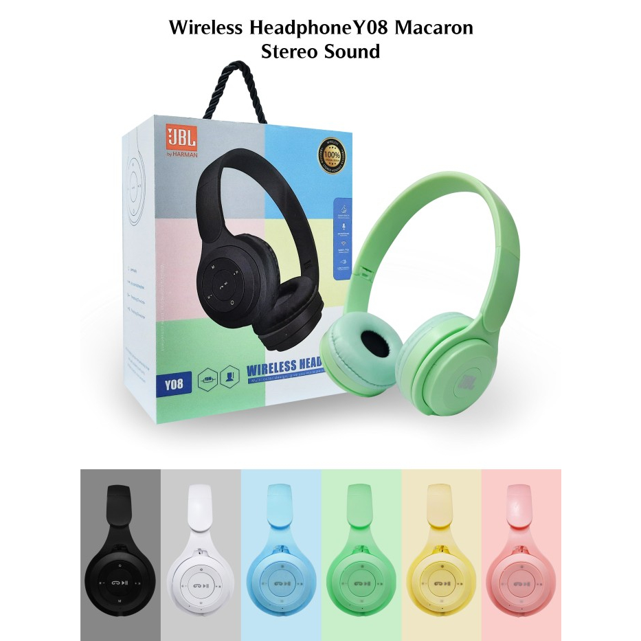 Headset Candy Macaron Wireless Bluetooth Y08 Bando Stereo Xtra Bass Headphone Earphone Gaming Extra Bass