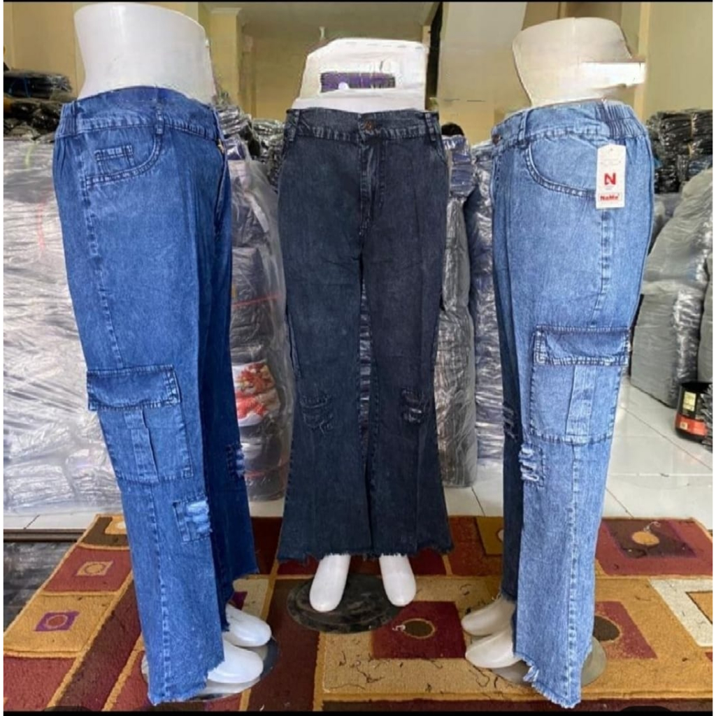 VIRAL Celana Cutprai Kargo model sobek jeans Denim  Pinggang Tinggi /HW Wanita Jeans Cutbray Rawis