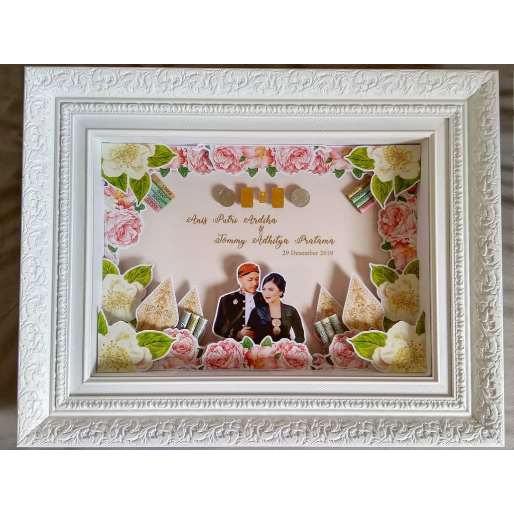 MAHAR PERNIKAHAN POPUP FLOWER FRAME UKIR PUTIH 40X50