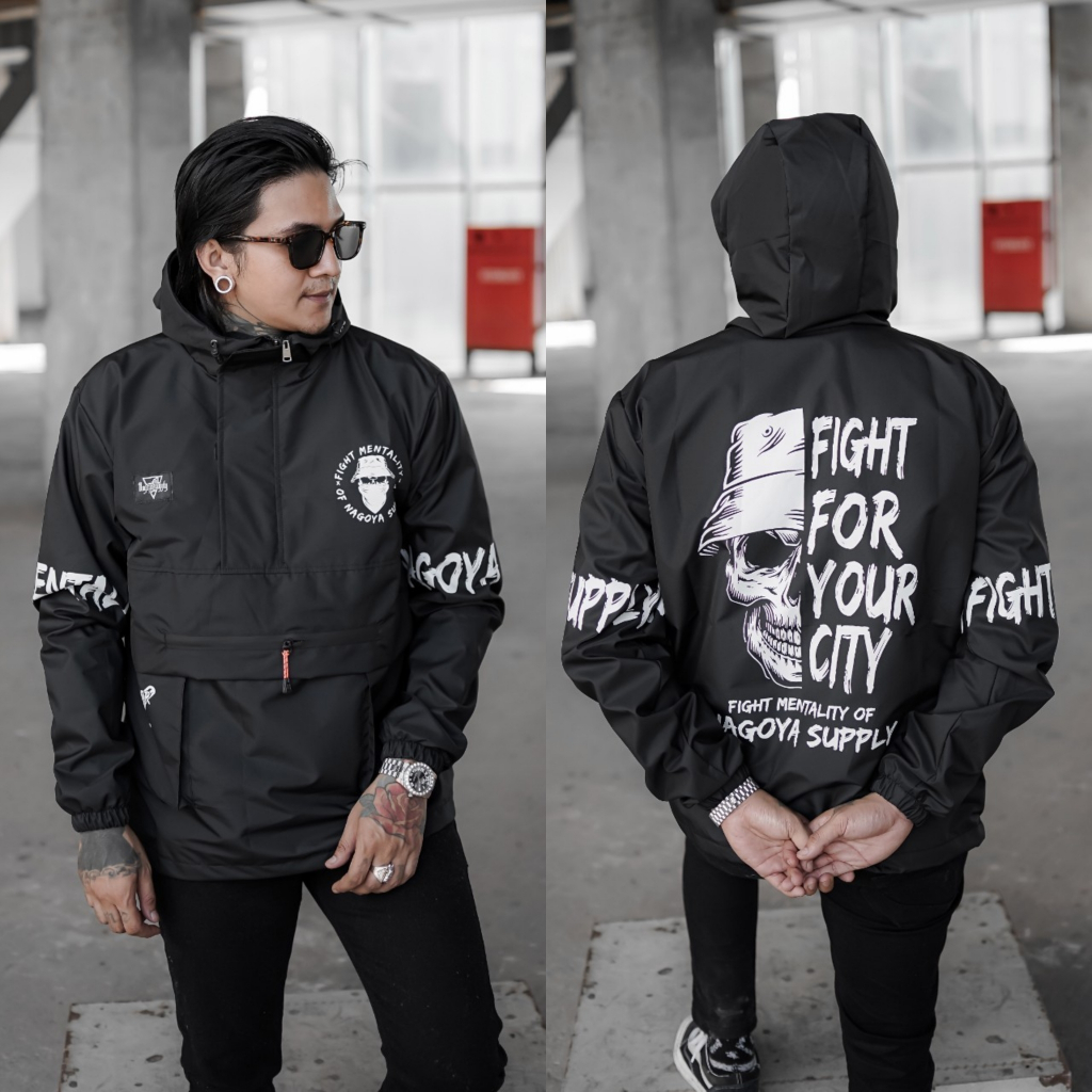Jaket Pria Distro Parasut Waterproof Original Hitam Motif Anti Air Keren Jacket Cagoule Jaket Pria W