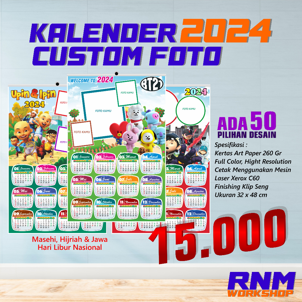 

Kalender kustom foto tahun 2024 pakai klip seng