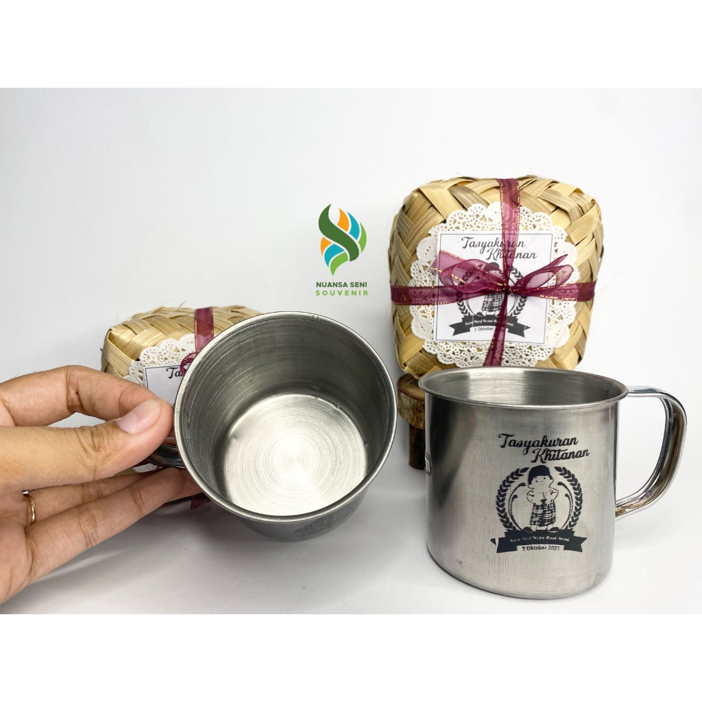 Souvenir Pernikahan Gelas Minum Mug Enamel Stainless Cangkir Kopi Jadul Tumbler Vintage Sablon