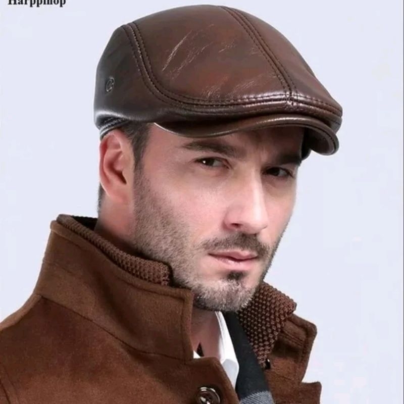 Topi Pet Kulit Asli/Topi Kulit Pria Dewasa Model Pet/Topi Kulit Mapia Unisex