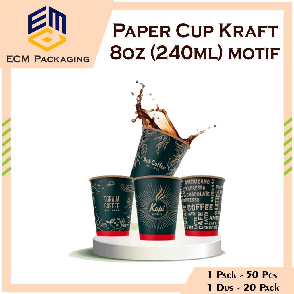 

Paper Cup 8oz Kraf Motif 50pcs | Cup Kertas Coklat Motif | Gelas Kertas | Paper cup Kopi | Gelas kopi