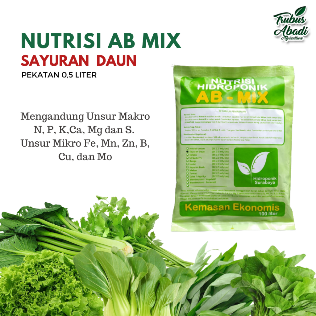 Nutrisi Ab Mix Hidroponik Sayuran Daun Pekatan 1/2 Liter Untuk 100-120 Liter Air