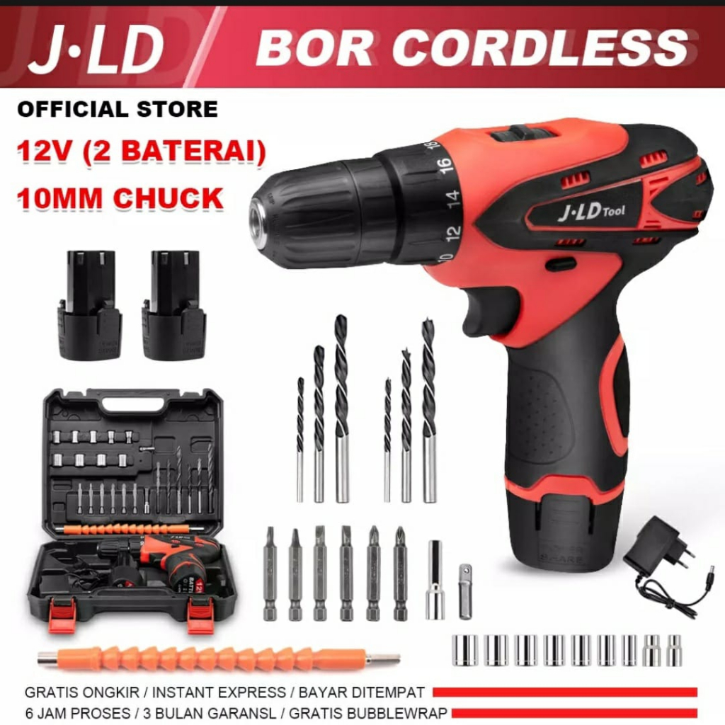 Mesin bor baterai JLD 12V 10mm bor cas 2 baterai bor batre set bor cordless include mata koper kayu/