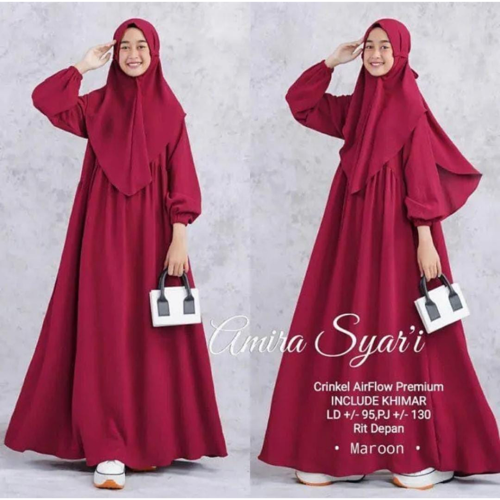 Amira Syari Kids Sage Gamis Anak Perempuan (FREE HIJAB) Usia 11-14 Tahun Crinkle AirFlow