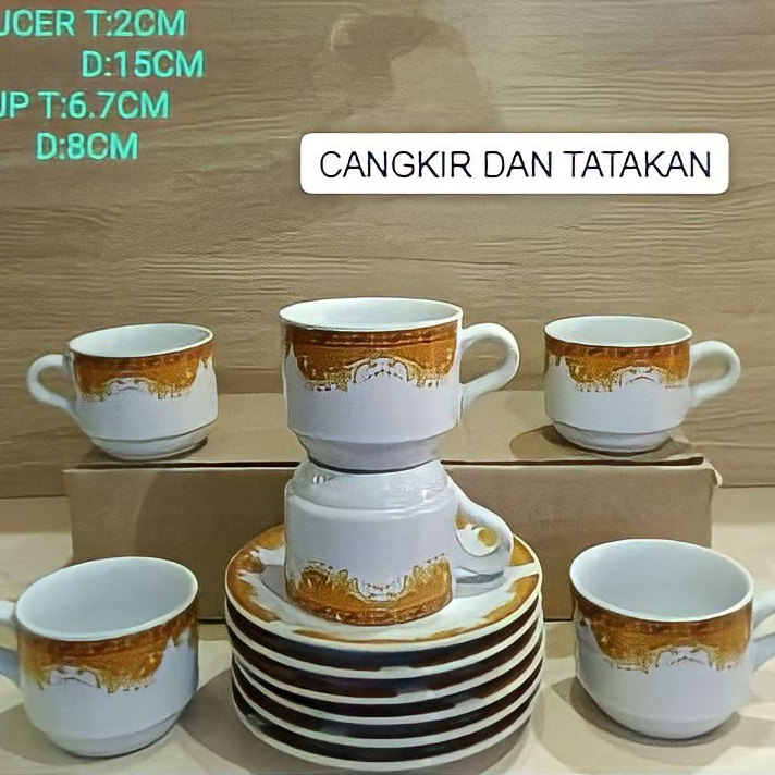 CANGKIR SET TEH KOPI MOTIF MAHKOTA BAHAN KERAMIK 12 PCS ISI 6 GELAS DAN 6 TATAKAN