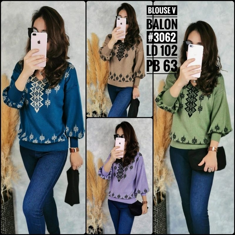 3062 Atasan/blus rajut wanita tangan balon bahan rajut import/blouse rajut lengan balon