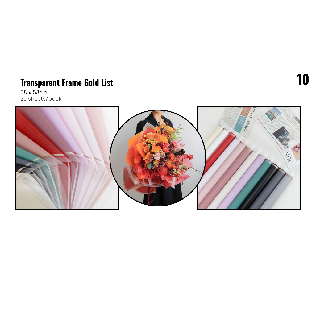 

MY Supplies - Flower Wrapping Paper Transparent Frame Gold List Cellophane Kertas Bunga Bungkus Emas 1 Pack 20 Lembar