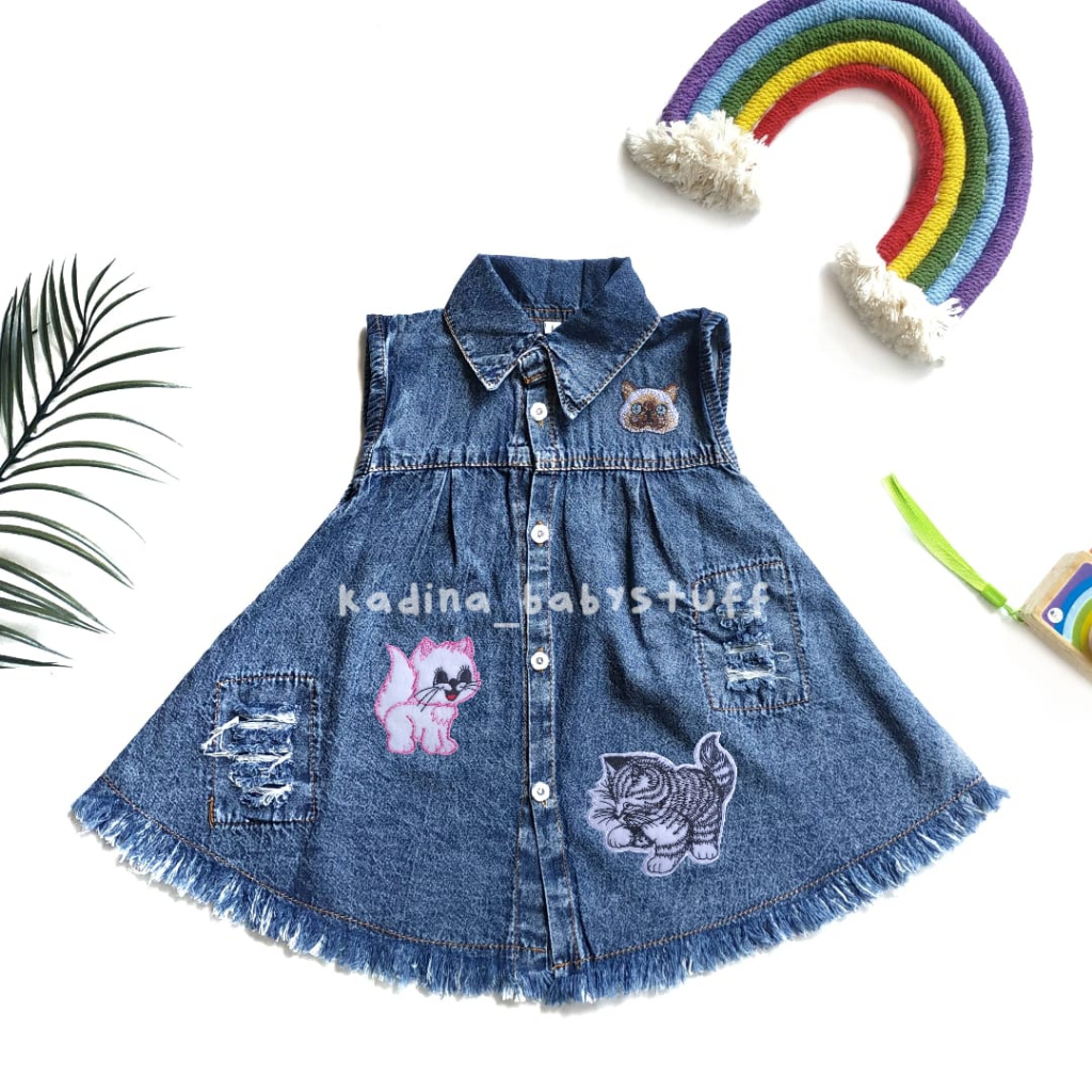 DRESS JEANS ANAK PEREMPUAN SNOWBLUE KUCING BORDIR / DRESS ANAK PEREMPUAN / TUNIK JEANS ANAK