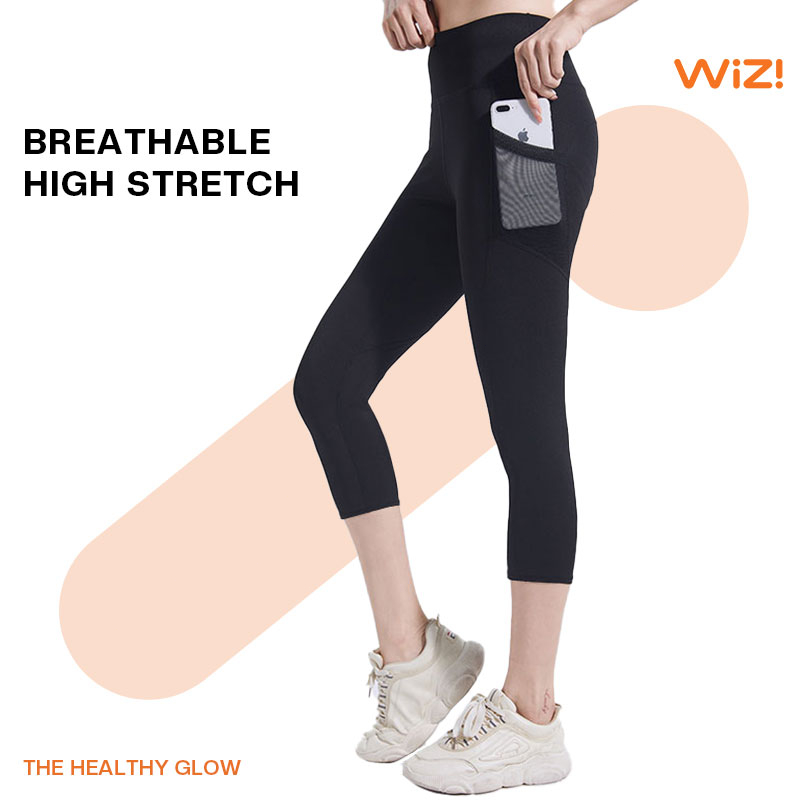 WiZi Celana Pinggang Tinggi Yoga Legging 3/4 Wanita/ Celana Saku Olahraga Selutut