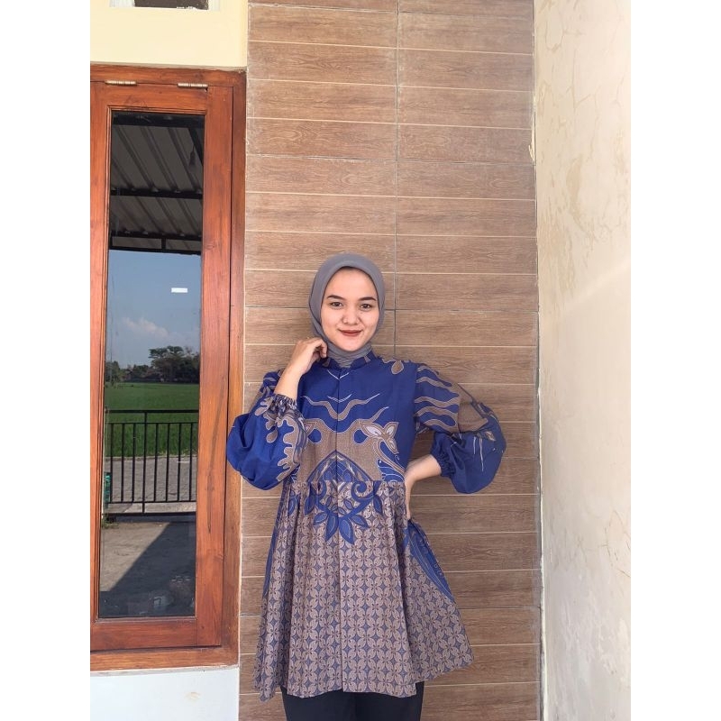 BATIK WANITA MODERN BLOUSE WANITA LENGAN PANJANG BALON MOTIF SULTAN NAVY BAJU BATIK KERJA