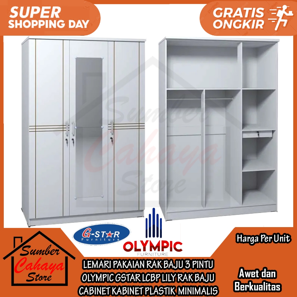 LEMARI PAKAIAN RAK BAJU 3 PINTU OLYMPIC GSTAR LCBP LILY ALMARI RACK PUTIH MINIMALIS MODERN TEMPAT PE