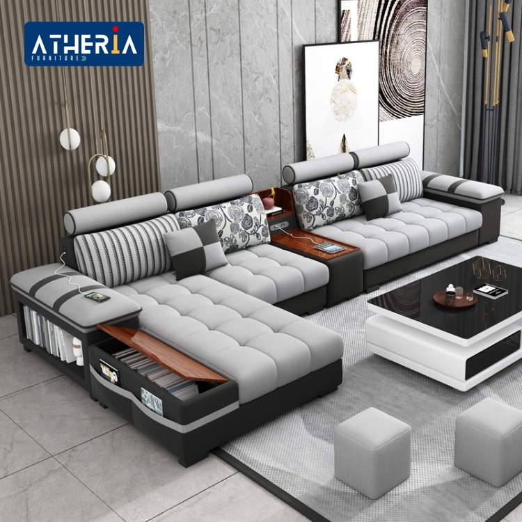 Sofa Ruang Tamu Letter L Bludru Mewah