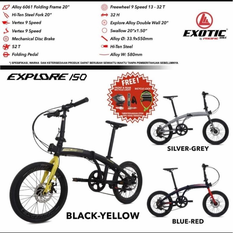 Sepeda lipat 20 Inch alloy exotic by pacific Eksplore 150 9speed banyak bonus aksesoris dll new