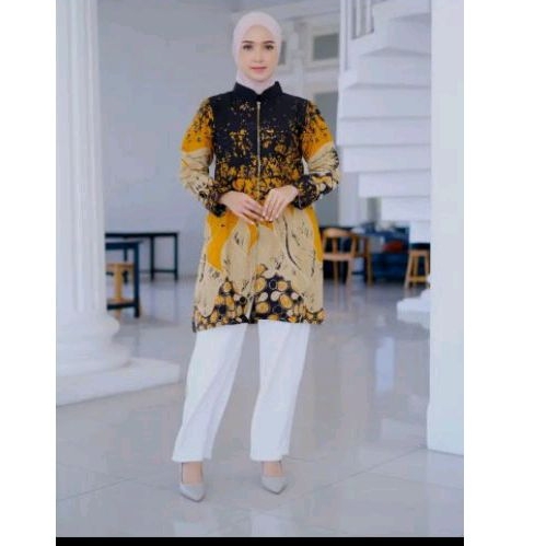 Atasan Blouse Tunik Batik Wanita Hitam Orange Full Puring Bahan Premium