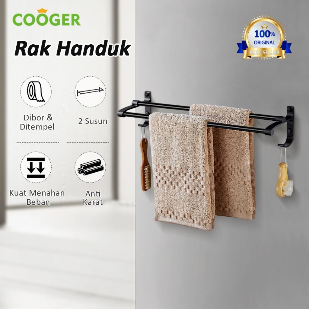 COOGER Rak Jemuran Handuk Towel Bar Towel Hanger Rak Handuk Kamar Mandi Serbaguna Alumunium 60CM Rak