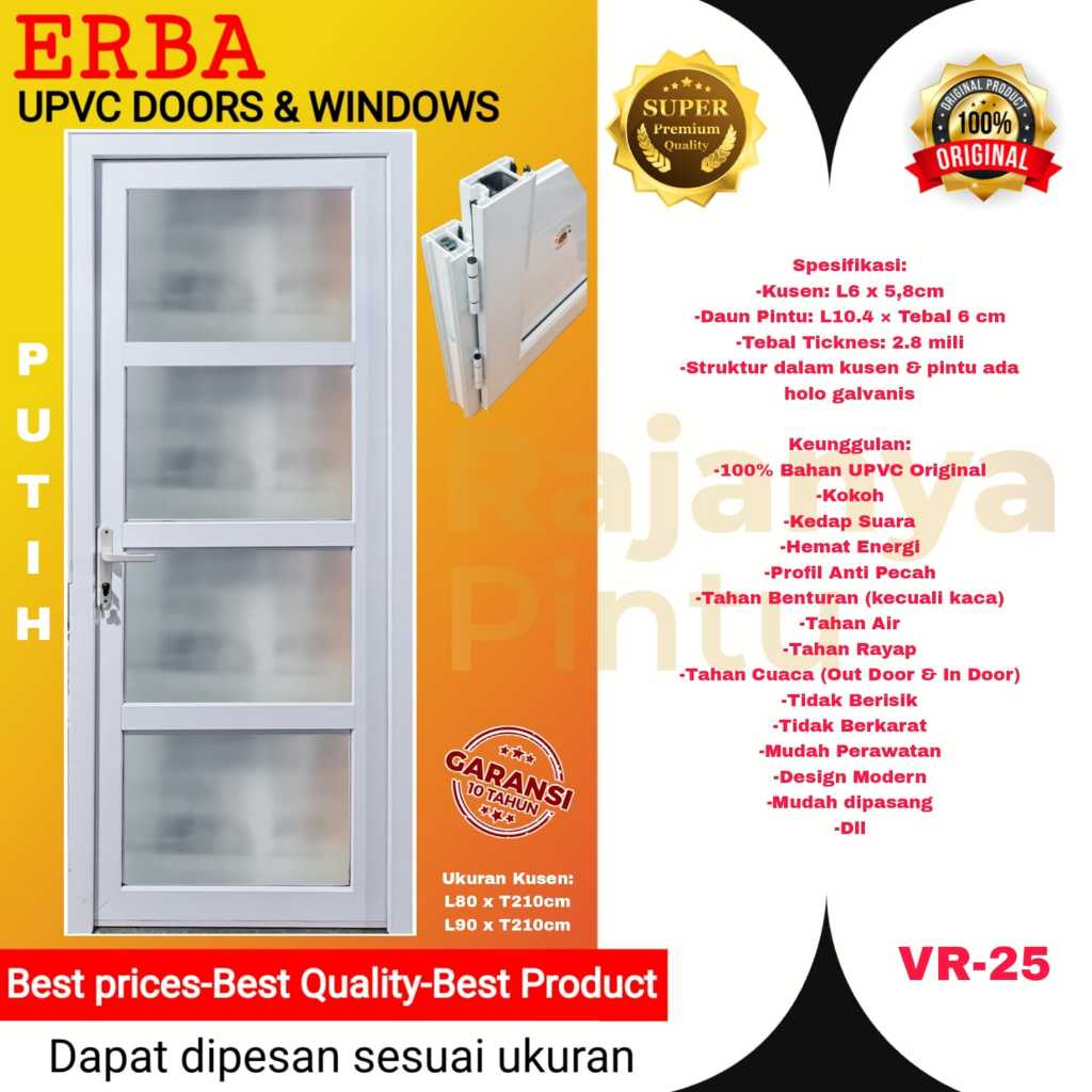 Pintu Utama/Pintu Kamar/Pintu Kantor UPVC-ERBA Super Premium-VR 25-Putih