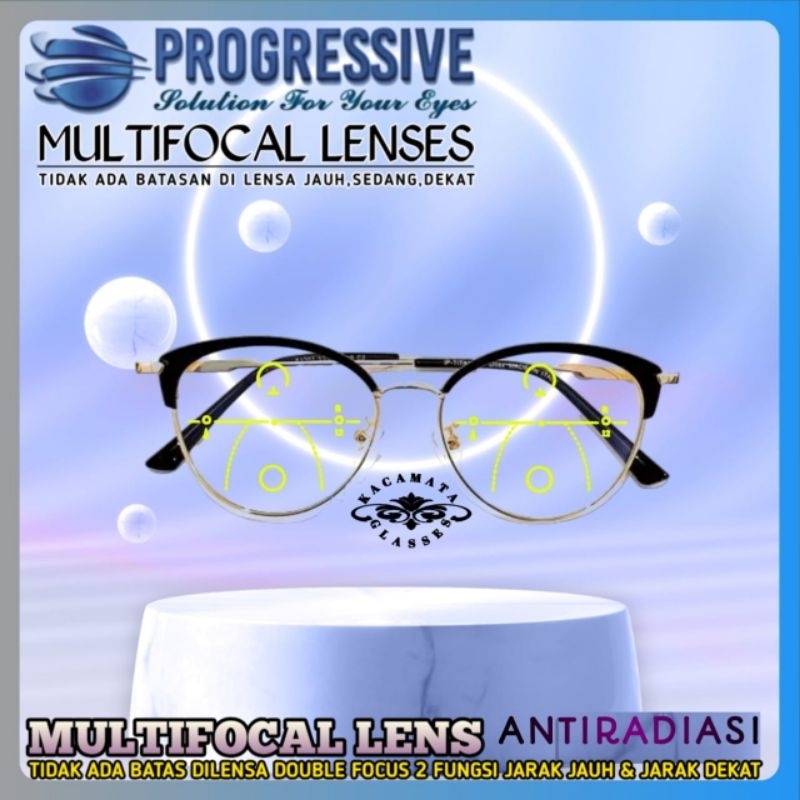 Kacamata Baca Progresif Antiradiasi Wanita | Kacamata  Jauh,Sedang,Dekat | Kacamata Cat eye 1307 Mul