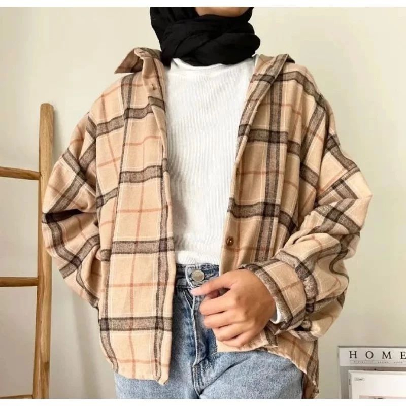 kemeja flanel lengan panjang remaja bestseller-TAN