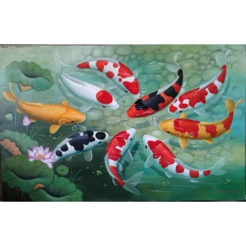 lukisan ikan koi ukuran 135x85cm oil on kanvas..asli buatan tangan no print