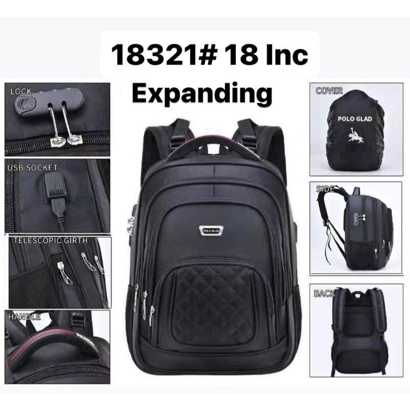 POLO GLAD - Tas Ransel Kerja Pria POLO Original Import 18in FREE USB + RAINCOVER