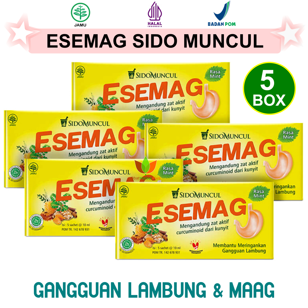 5 BOX ISI 25 SACHET ESEMAG CAIR SIDOMUNCUL, JAMU OBAT HERBAL SAKIT MAAG MAG GERD dan ASAM LAMBUNG KU