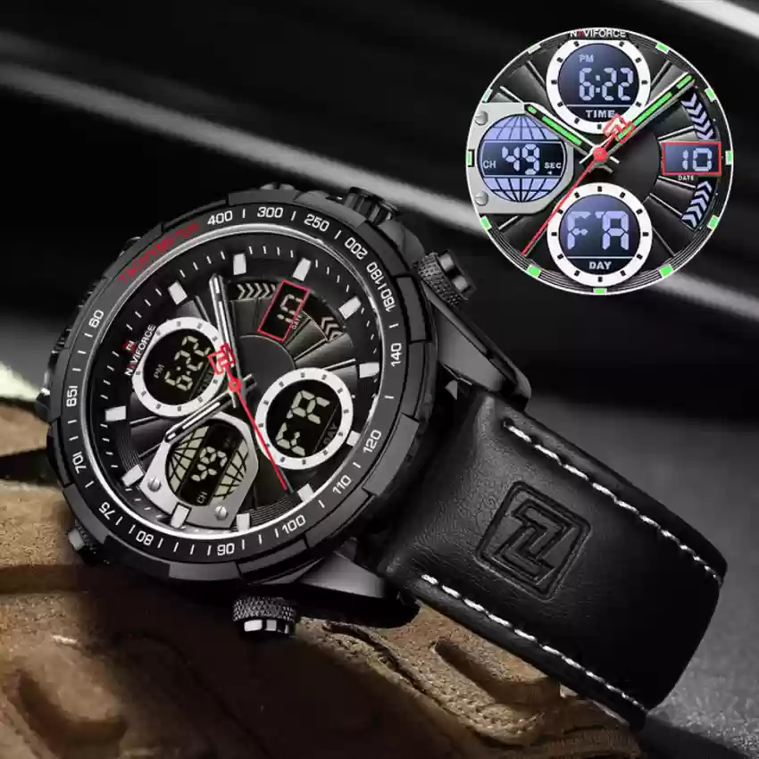 Jam Tangan Pria Analog Digital Original NAVIFORCE NF 9197 ML 9197 Kulit Leather Water Resist Anti Ai