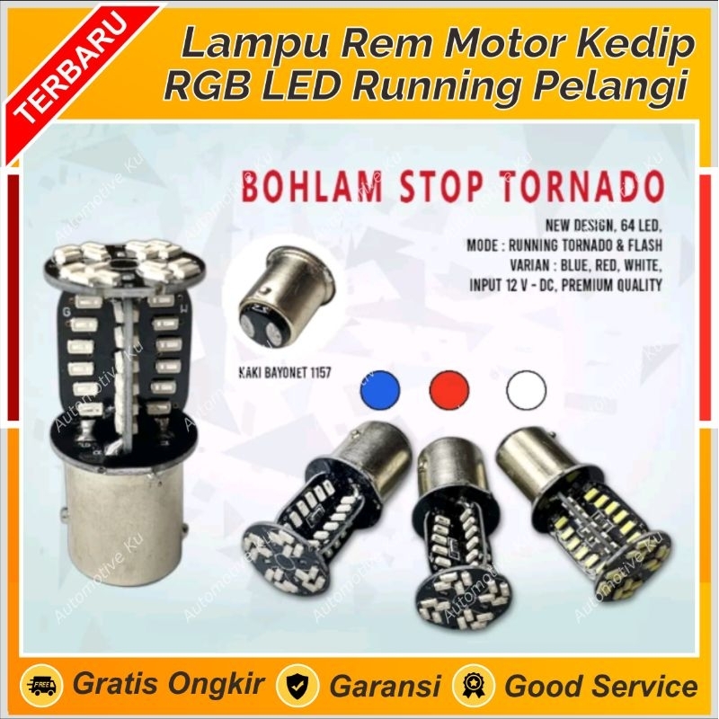LAMPU REM MOBIL MOTOR LED KEDIP BERPUTAR TORNADO RUNNING RGB PELANGI KAKI 2 BAY15D SUPRA JUPITER KHA