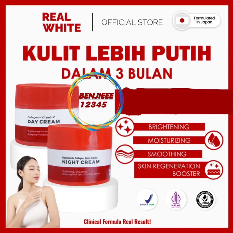 REAL WHITE DAY NIGHT CREAM collagen alpha arbutin skincare real white vit c BPOM Halal