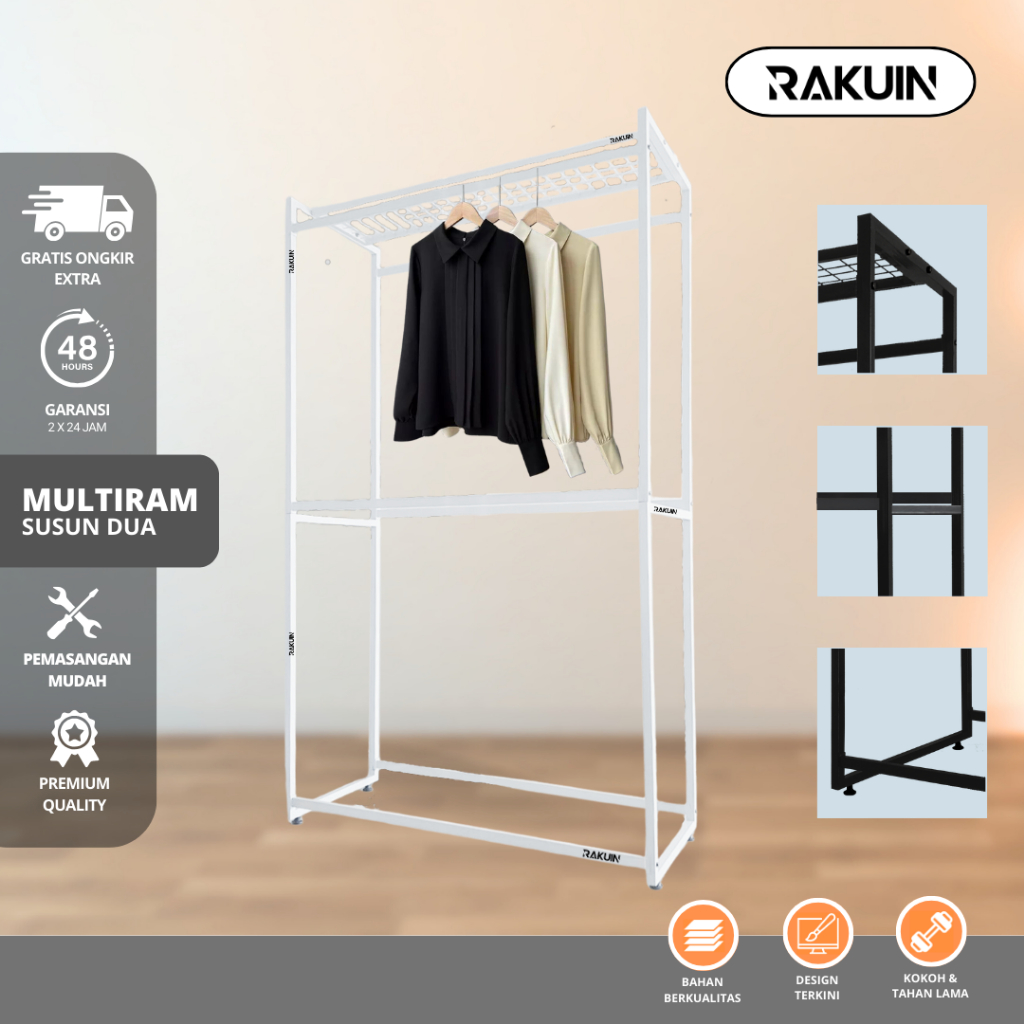 RAK MULTIRAM SUSUN 2 - RAK BAJU 2 ARAH TINGKAT / RAK GAWANG BAJU BESI GAUN / GAMIS / LEMARI KAMAR - 