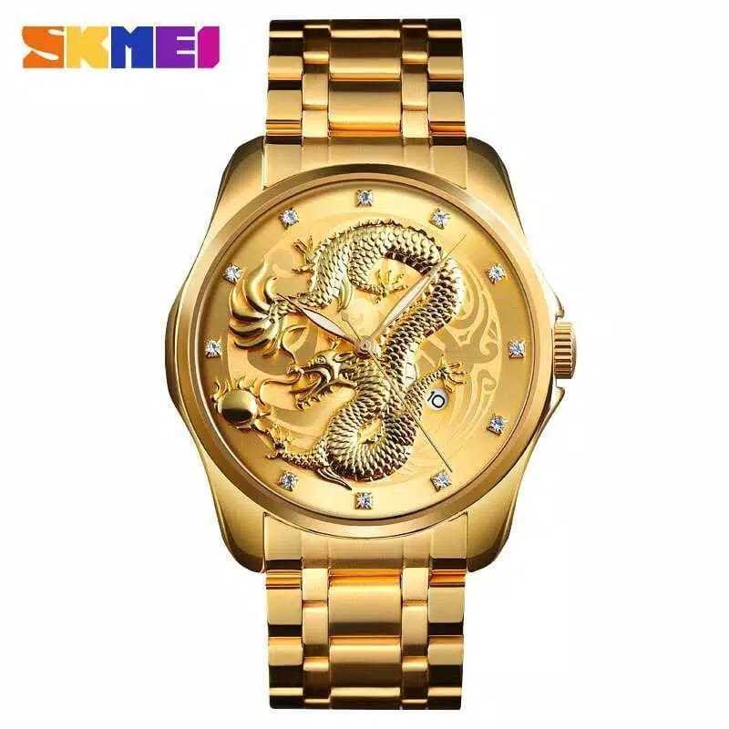 JAM TANGAN PRIA STAINLESS STEEL SKMEI MOTIF NAGA 9193 WATER RESISTANT