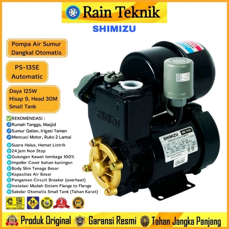 Pompa Air Shimizu PS-135E Otomatis Small Tank Sumur Dangkal Hisap 9 Meter Head 30 Meter 125 Watt / S