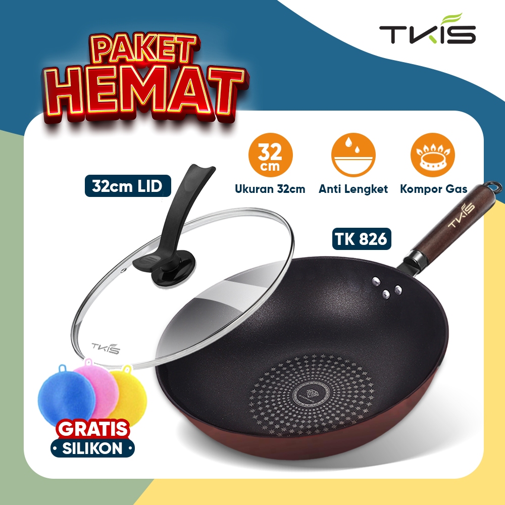 GARANSI (COD) TKIS PAKET HEMAT WAJAN TEFLON 32CM DENGAN TUTUP KACA WAJAN ANTI LENGKET TK-826 + TUTUP