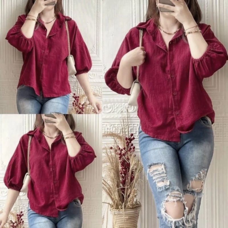 Kemeja Polos Crop Wanita/ Kemeja Slim Crop Crinkle