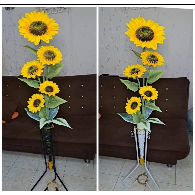 bunga matahari jumbo kuntum 5 berikut pot standing besi /bunga pojok sudut ruangan